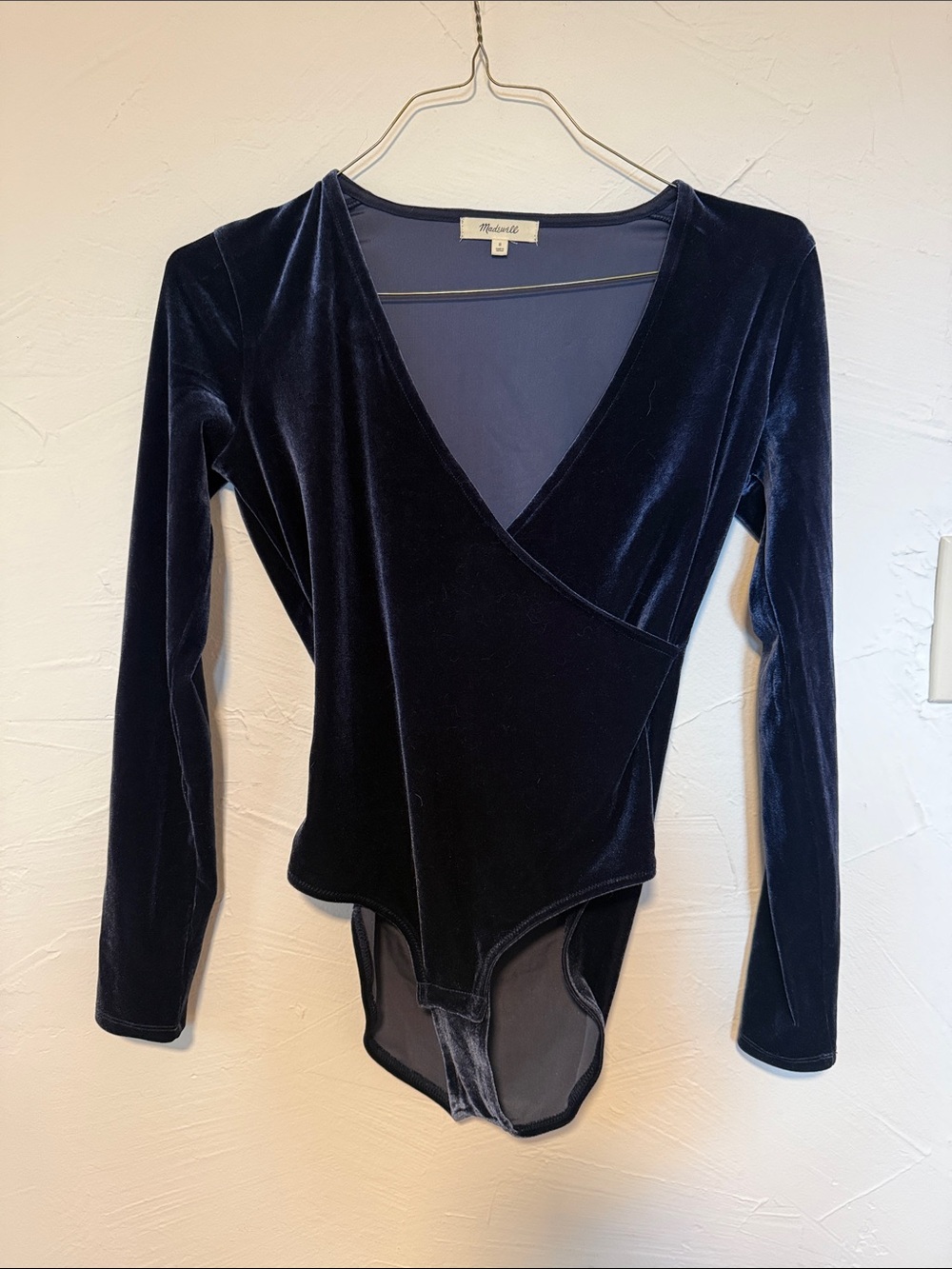 Madewell Navy Velvet Wrap-Style Long Sleeve Bodysuit